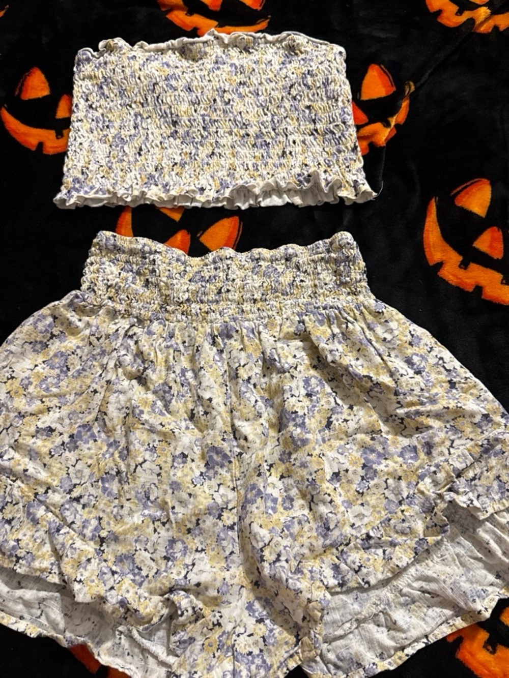 wild fable White Floral Smocked Skirt Set with Lavender and Yellow Print